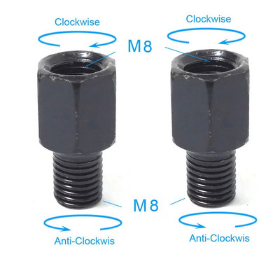 Pāris melni motocikla spoguļa adapteri M10 10 MM M8 8 MM atpakaļskata spoguļi, pārveidošanas skrūve pulksteņrādītāja virzienā pret pulksteni, labā kreisā vītne
