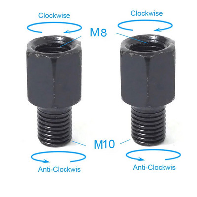 Pāris melni motocikla spoguļa adapteri M10 10 MM M8 8 MM atpakaļskata spoguļi, pārveidošanas skrūve pulksteņrādītāja virzienā pret pulksteni, labā kreisā vītne
