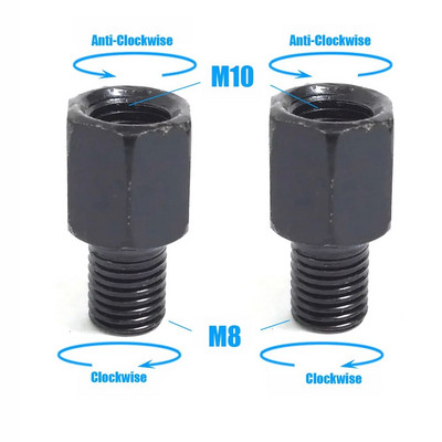 Pāris melni motocikla spoguļa adapteri M10 10 MM M8 8 MM atpakaļskata spoguļi, pārveidošanas skrūve pulksteņrādītāja virzienā pret pulksteni, labā kreisā vītne