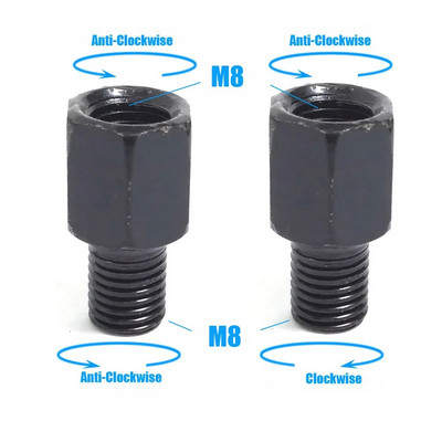 Pāris melni motocikla spoguļa adapteri M10 10 MM M8 8 MM atpakaļskata spoguļi, pārveidošanas skrūve pulksteņrādītāja virzienā pret pulksteni, labā kreisā vītne