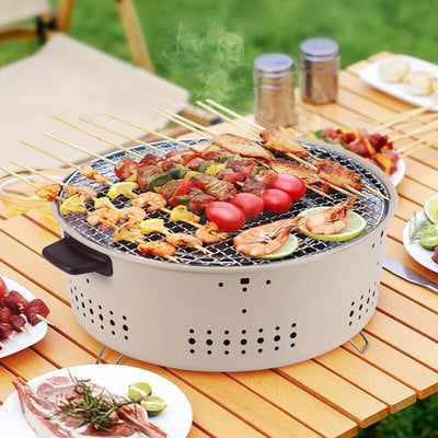 Multifunctional Charcoal Barbecue Grill Mini Round BBQ Stove Portable Korean Camping Tabletop Smoker Grilling Stove