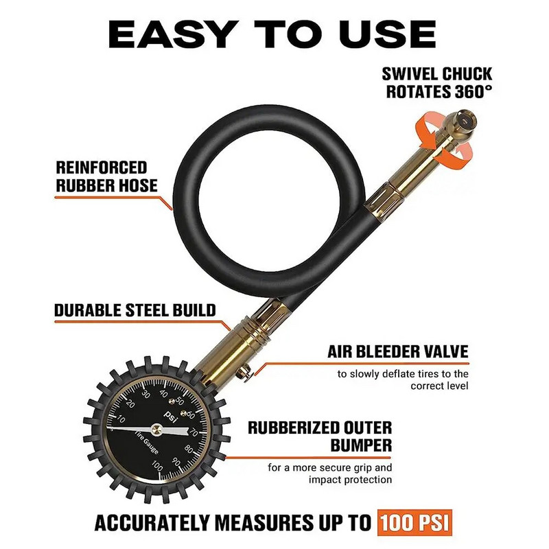 100 PSI auto rehvirõhu mõõtur 2-tolline täpne rehvirõhu tabel auto veoautode mootorratta õhurõhu testeri jaoks