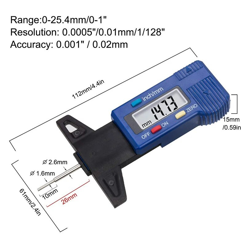 Ψηφιακός μετρητής βάθους πέλματος ελαστικού αυτοκινήτου Μετρητής ανίχνευσης φθοράς αυτοκινήτου Εργαλείο μέτρησης δαγκάνα πάχους Μετρητές βάθους πέλματος