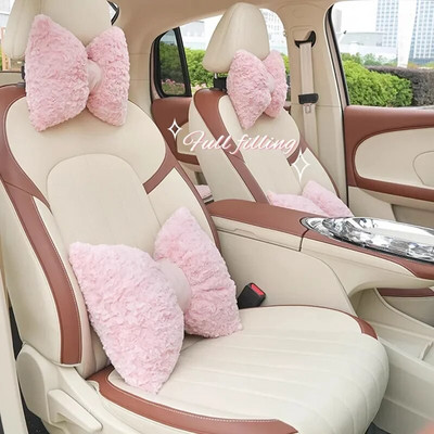 Winter Bow Car Headrest Plush Soft Comfortable Waist Support Imitation Rabbit Fur Neck Pillow Pink Car Accessories Interior