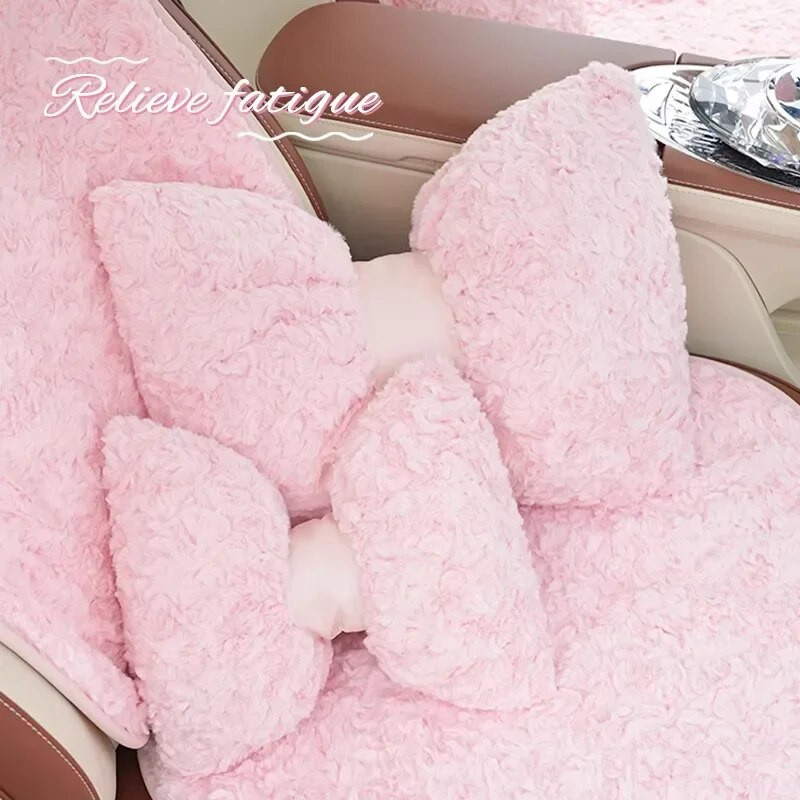 Ziemas priekšgala automašīnas galvas balsts plīša mīksts, ērts vidukļa atbalsts, imitācija truša kažokādas kakla spilvens rozā auto aksesuāri interjers