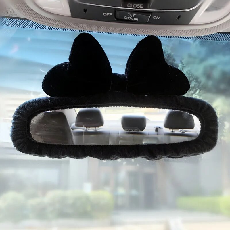 Jauki Bowknot automašīnas salona spoguļa vāciņš karikatūra plīša auto atpakaļskata spoguļa futrāļa dekorēšanas aksesuāri sievietēm un meitenēm