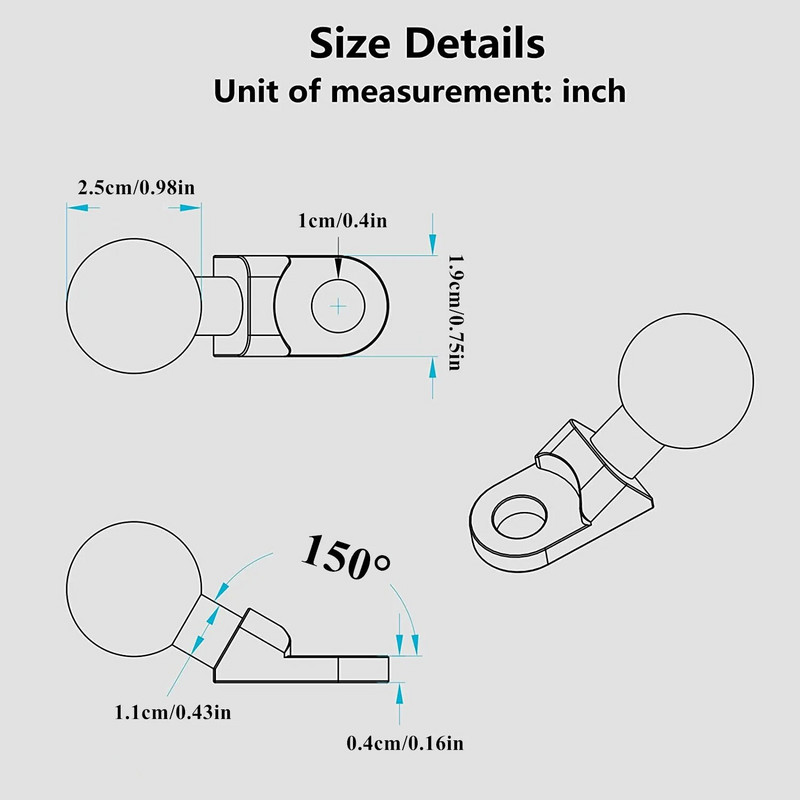 Mootorratta nurga all alus 10 mm auguga 1-tolline kuulpea adapter, mis sobib Gopro kaamera, nutitelefoni ja Garmini GPS-i RAM-i kinnituste jaoks