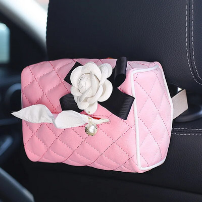Creative Camellia Flower auto salvešu kastes vāks, ādas piekārts, auto salvešu papīra turētājs Pārnēsājams auto papīra maisiņš Automašīnu piederumi