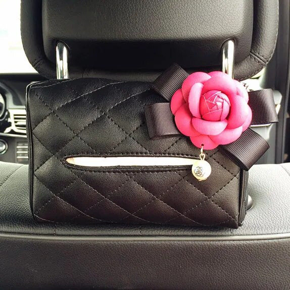 Creative Camellia Flower auto salvešu kastes vāks, ādas piekārts, auto salvešu papīra turētājs Pārnēsājams auto papīra maisiņš Automašīnu piederumi