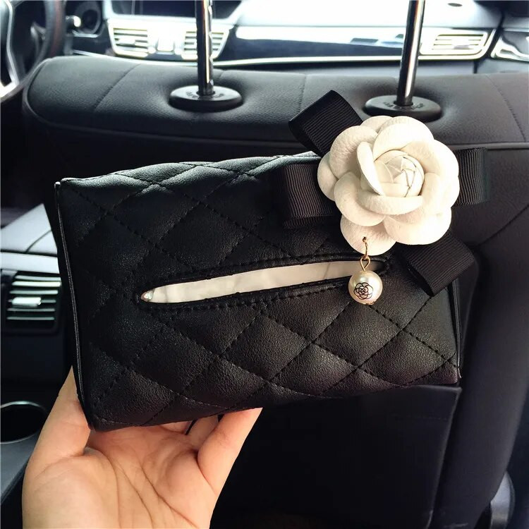 Creative Camellia Flower auto salvešu kastes vāks, ādas piekārts, auto salvešu papīra turētājs Pārnēsājams auto papīra maisiņš Automašīnu piederumi