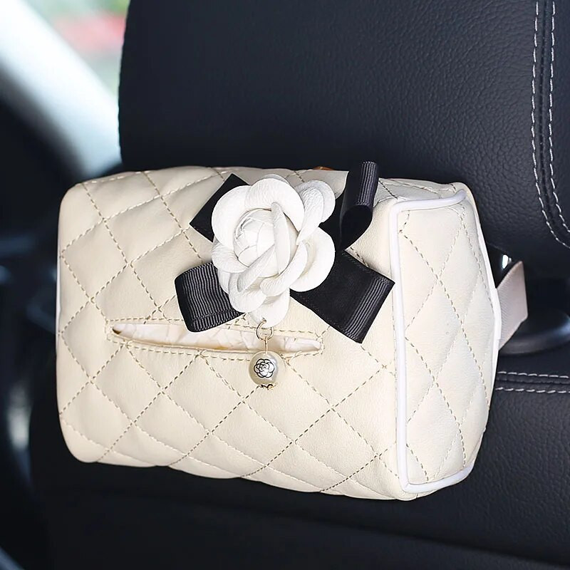 Creative Camellia Flower auto salvešu kastes vāks, ādas piekārts, auto salvešu papīra turētājs Pārnēsājams auto papīra maisiņš Automašīnu piederumi