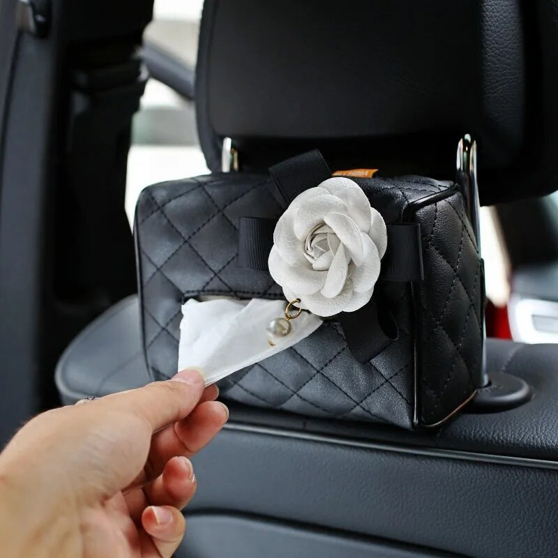 Creative Camellia Flower auto salvešu kastes vāks, ādas piekārts, auto salvešu papīra turētājs Pārnēsājams auto papīra maisiņš Automašīnu piederumi