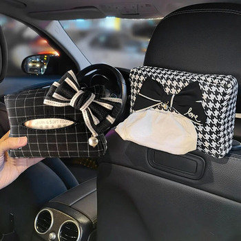 Симпатична решетка с бантик Кутия за кърпички за кола Автоматична седалка Облегалка за глава Висяща хартиена кула Органайзер Дамски стайлинг Аксесоари за интериор на кола