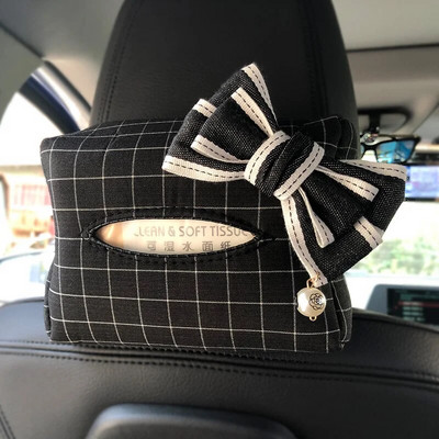 Gudrs Bowknot Grid Auto auduma kastīte Auto sēdekļa galvas balsts piekarināms papīra torņa turētājs organizators Sieviešu stila auto salona aksesuāri