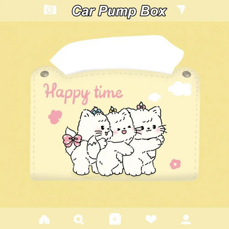 Audu kastīte Nodilumizturīgs pogu dizains Ērts mākslīgās ādas karikatūra kaķu raksts Auto audu dozatora kastīte mājsaimniecības piederumi