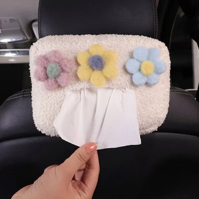 Car Headrest Tissue Box Cute Cartoon Plush Color Flowers Paper Tower Holder Auto Visor Hanging Organizer Styling Car Accessories