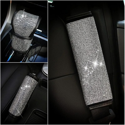Crystal Car Handbrake Cover Auto Gear Shifter Set Rhinestones Seat Belt Cover Styling Diamond Interior Accessories For Girls