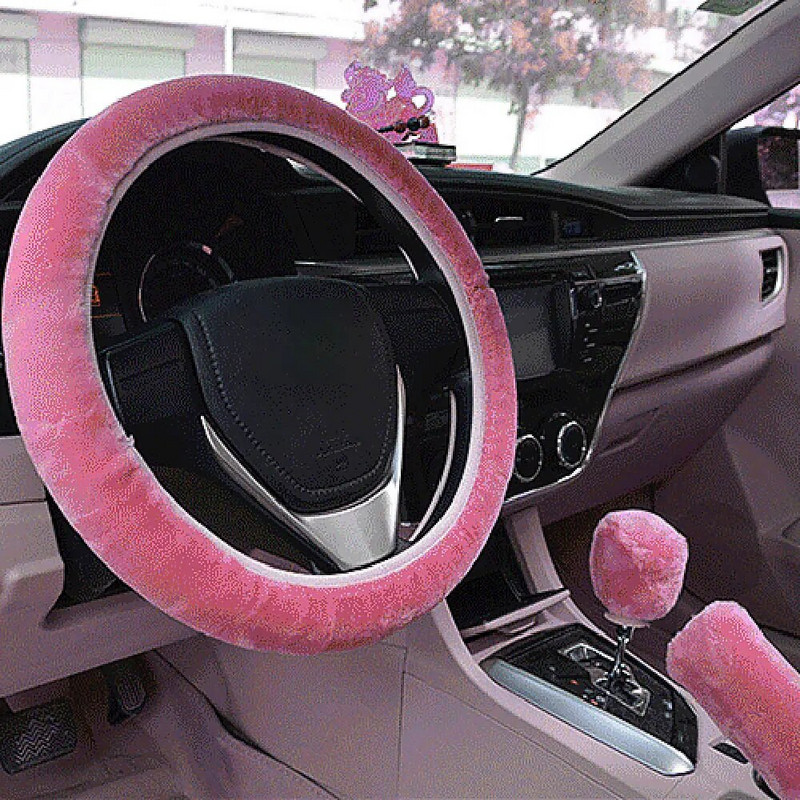 2gab. Automašīnas pārnesumu pārslēgšanas kloķa galva Rokas bremze matains plīša pārsegs apdares aizsargs rudens ziema rozā sarkans jauki, mīksti, silti aksesuāri