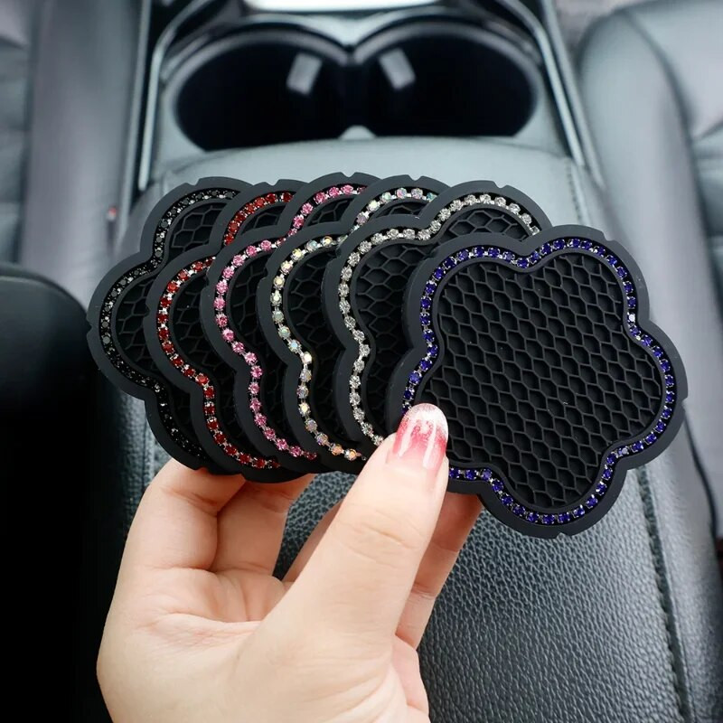 Pretslīdes auto paliktņi, silikagela ūdens krūzes spilventiņi plūmju ziedu ieveidošanai, iegulti dimanta kalnu kristāls Bling Bling neslīdošs dzērienu paklājiņš