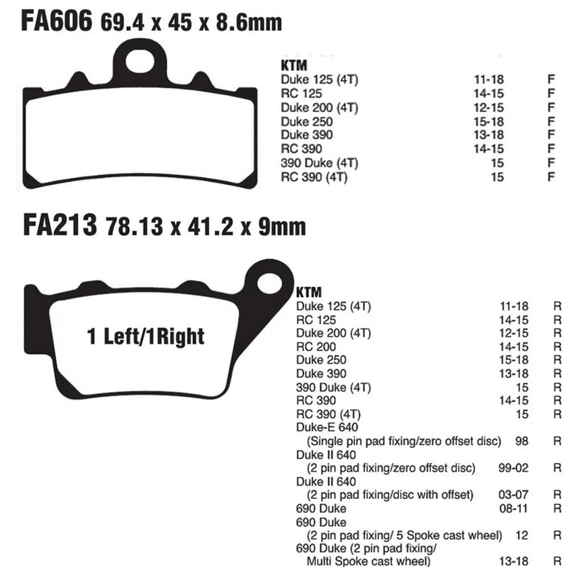 Plăcuțe de frână față/spate pentru motocicleta KTM Duke 125 2011-2018 200 2012-2015 390 2013-2018 RC 125 2013-15 200 2014-15 390 2014-15