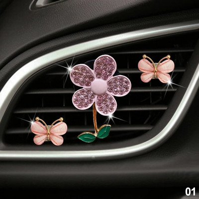1/3 tk Crystal Flower auto õhuvärskendaja Lovely Little Butterfly naiste autoparfüümi dekoratiivklipp, õhuvärskendaja autolõhn