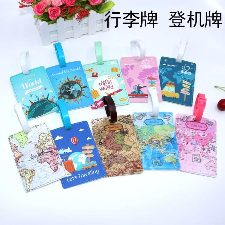 Radošā pasaules karte Augstas kvalitātes ceļojumu piederumi Bagāžas etiķete PU Čemodāna ID Adrese Bagāžas iekāpšanas zīme Pārnēsājama etiķete