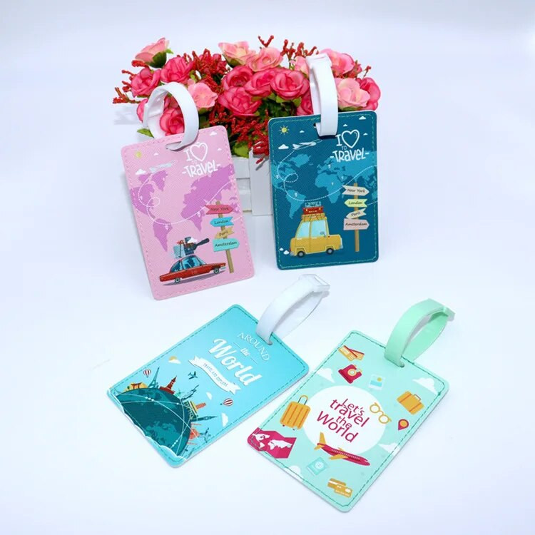 Radošā pasaules karte Augstas kvalitātes ceļojumu piederumi Bagāžas etiķete PU Čemodāna ID Adrese Bagāžas iekāpšanas zīme Pārnēsājama etiķete