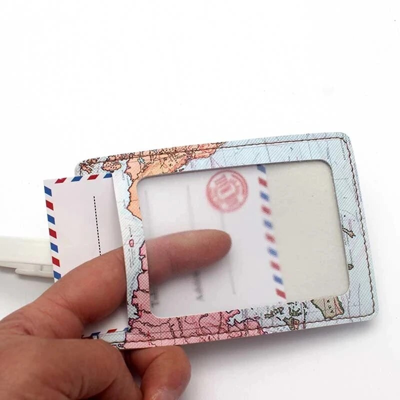 Radošā pasaules karte Augstas kvalitātes ceļojumu piederumi Bagāžas etiķete PU Čemodāna ID Adrese Bagāžas iekāpšanas zīme Pārnēsājama etiķete