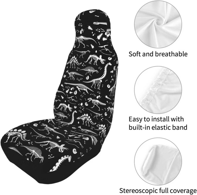 Melnbalti dinozauru skeleta priekšējie sēdekļu pārvalki, 2 komplekti transportlīdzekļa sēdekļu aizsargi, automašīnu paklājiņu pārvalki, der lielākajai daļai kausa sēdekļu