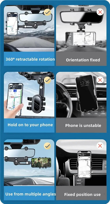 Automašīnas tālruņa turētājs atpakaļskata spoguļa tālruņa turētājs regulējams navigatora kronšteins 360° grozāms izvelkams universālam automobilim
