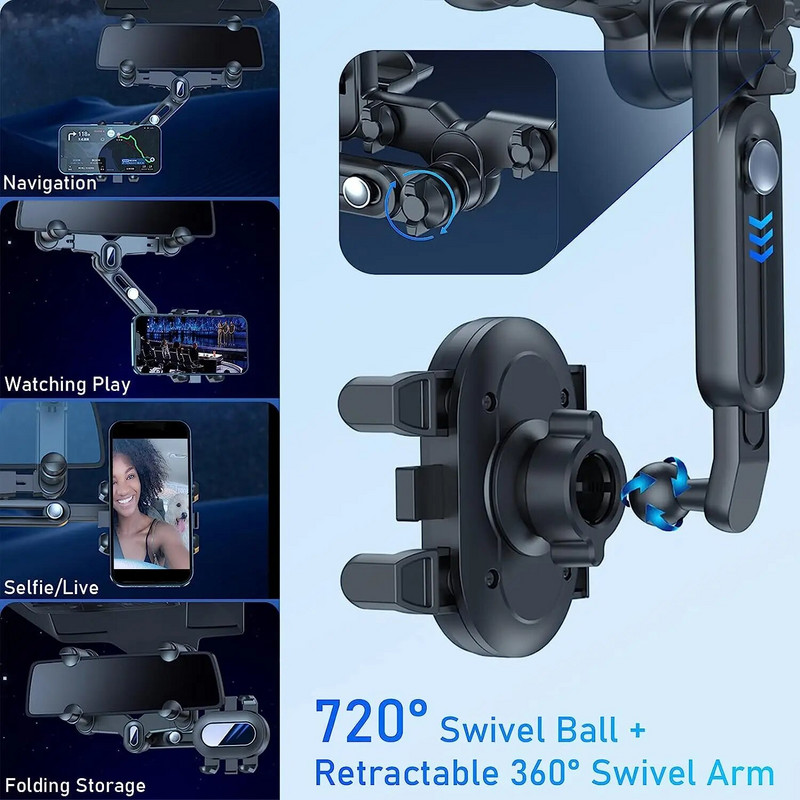 Automašīnas tālruņa turētājs atpakaļskata spoguļa tālruņa turētājs regulējams navigatora kronšteins 360° grozāms izvelkams universālam automobilim