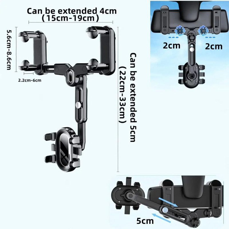 Automašīnas tālruņa turētājs atpakaļskata spoguļa tālruņa turētājs regulējams navigatora kronšteins 360° grozāms izvelkams universālam automobilim
