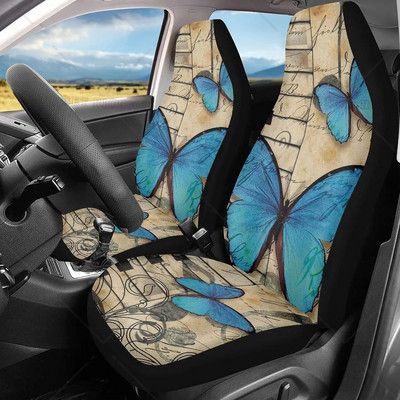 Blue Butterfly Retro Car Seat Covers Front Seat Only for Women 2pc Universal Auto Front Seats Protector Fits for Car SUV Sedan