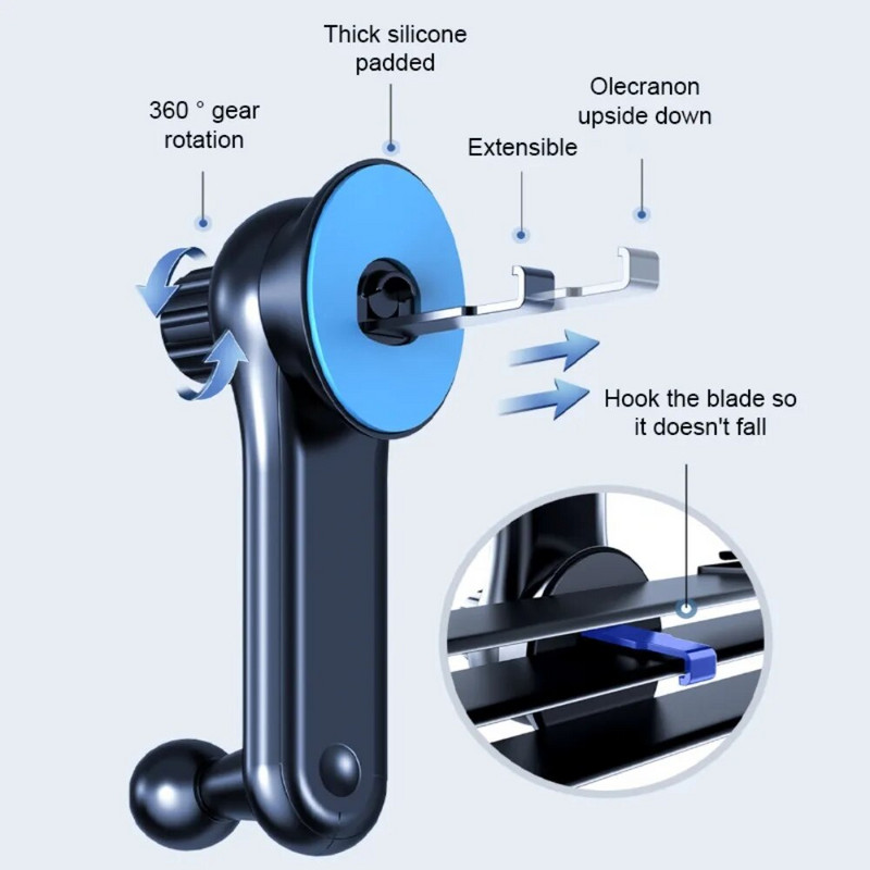 Jauns 360° pagriežams Gravity automašīnas tālruņa turētājs automašīnas ventilācijas atverēs ar klipu stiprināms viedtālruņa turētājs ar pagarinājuma stieņa kronšteinu GPS atbalsts
