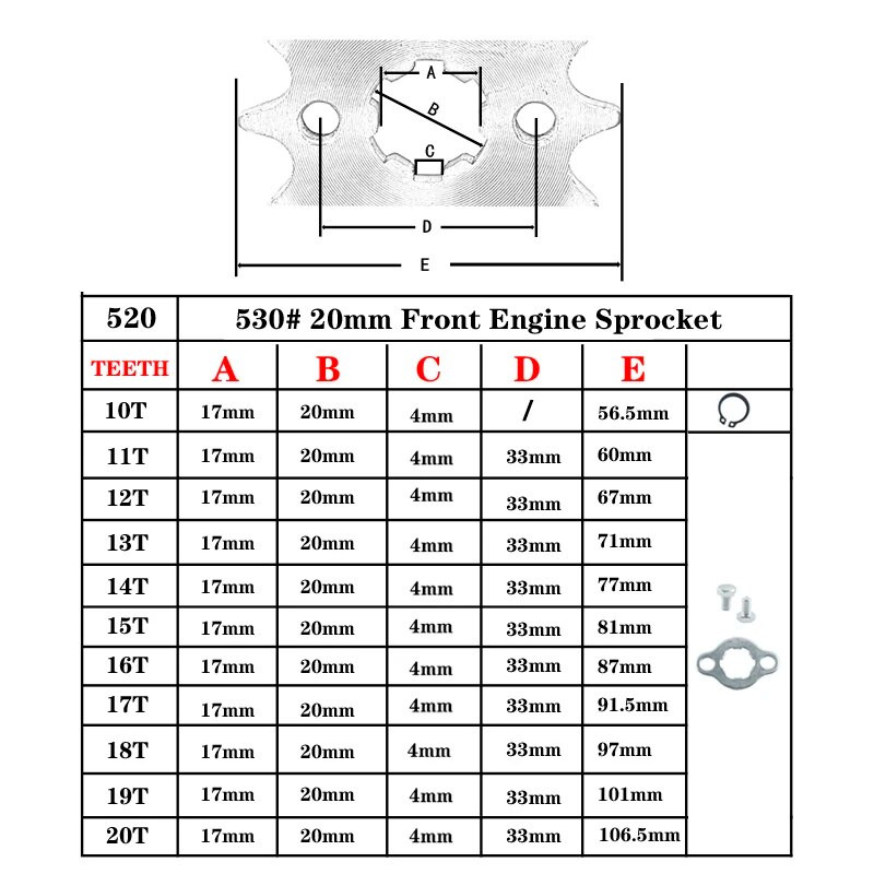 Priekšējais dzinēja zobrats 520 × ķēde 20 mm kvadracikla četru riteņu motocikls 10t 11t 12t 13t 14t 15t 16t 17t 18t 19t 20t