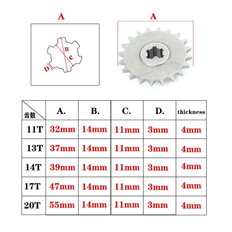 Priekšējā zobrata zobrata ķēdes zobrats T8F 11 13 14 17 20 zobs 47cc 49cc Motociklam Minimoto ATV Mopēdam