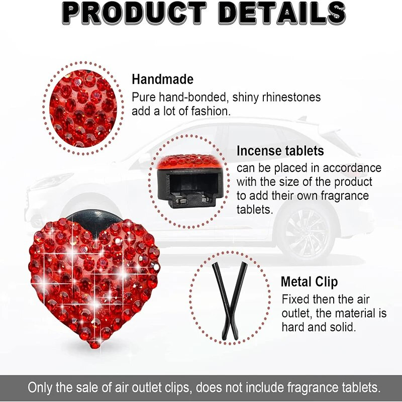 2 kom. kopča za ventilacijski otvor za automobil, izlazna kopča za osvježivač zraka Bling Crystal Heart Charms, kopče za ventilacijski otvor za automobil, dodaci za ukrašavanje automobila za Wo