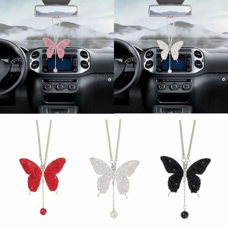 Diamond Butterfly Kulons Kvalitatīvs Auto Interjers Rozā Bling Bag Kulons Auto Atpakaļskata Spogulis Auto Kulons Auto