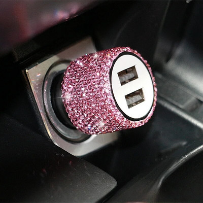 Uus Blingi USB-autolaadija 5 V 2,1 A kahe pordiga kiire adapter, roosa autodekoratsioon, autode kujundamine teemantautode tarvikud, interjöör naistele