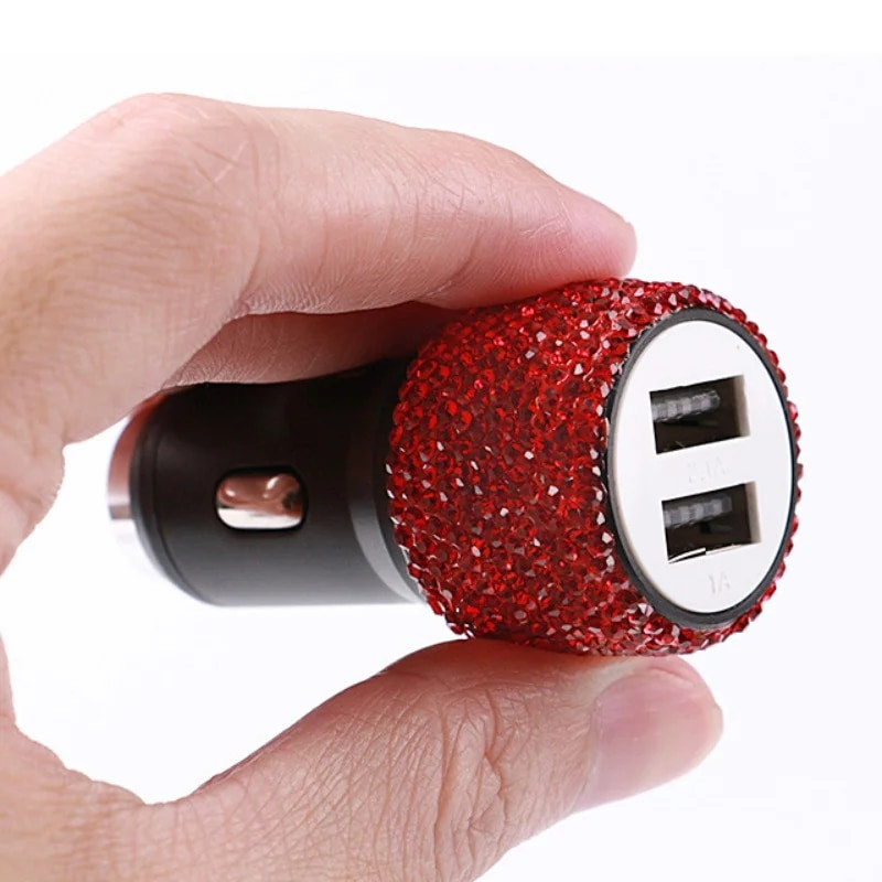 Jauns Bling USB automašīnas lādētājs 5 V 2,1 A divu pieslēgvietu ātrs adapteris, rozā automašīnas dekors, auto dizains, dimanta automašīnas aksesuāri, salons sievietēm