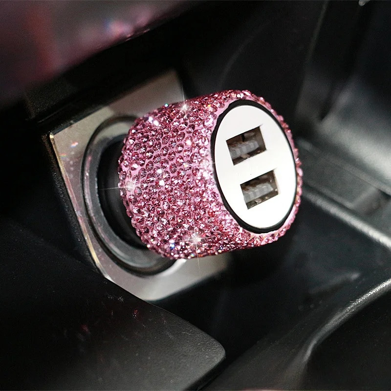 Jauns Bling USB automašīnas lādētājs 5 V 2,1 A divu pieslēgvietu ātrs adapteris, rozā automašīnas dekors, auto dizains, dimanta automašīnas aksesuāri, salons sievietēm