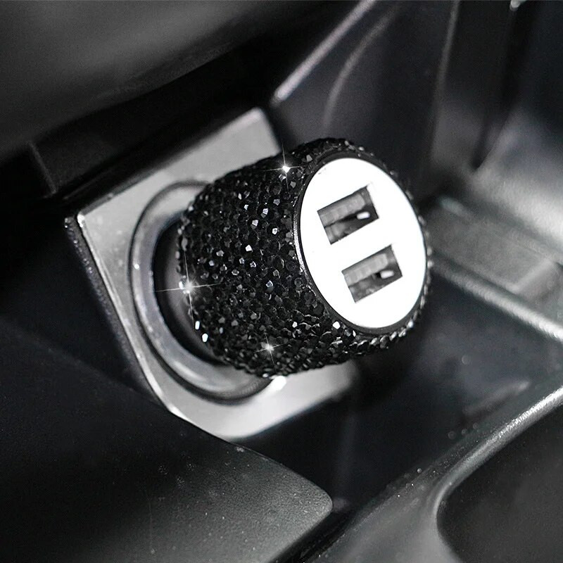 Jauns Bling USB automašīnas lādētājs 5 V 2,1 A divu pieslēgvietu ātrs adapteris, rozā automašīnas dekors, auto dizains, dimanta automašīnas aksesuāri, salons sievietēm