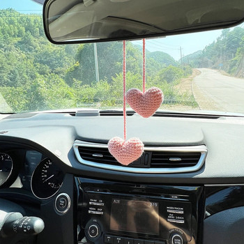 Καρδιά αυτοκινήτου Αξεσουάρ καθρέφτη οπισθοπορείας Στυλ βελονάκι Κόκκινο ροζ Καρδιά κρεμαστό ντεκόρ Gadgets Εσωτερικά αξεσουάρ για γυναίκες