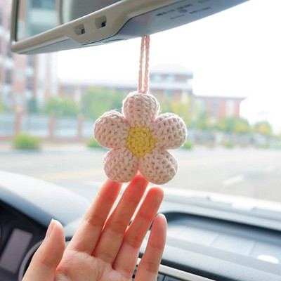 Kawaii vahvlilillede autopeegli riputustarvikud, heegeldatud lilledega auto tahavaatepeegli tarvikud, autopeegli võluri riputus D