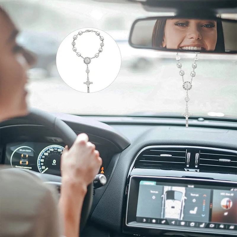 Automašīnas piekarināmais šarms Bling automašīnas aizmugurējā skata spogulis piekarināms ornaments retro imitācijas pērļu krusta piekarināmais dekors Auto Interior@#1356