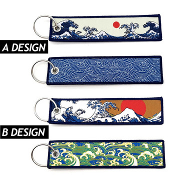 JDM Car Fabric Keychain Ключодържател Hokkaido waves Key Tag Kanagawa Surfing Embroidered Key Chain Man Automotive Accessories