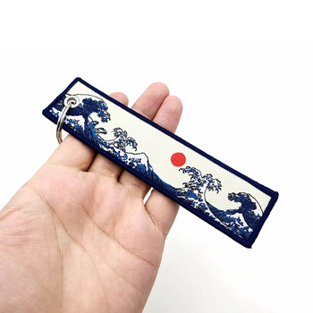 JDM Car Fabric Keychain Ключодържател Hokkaido waves Key Tag Kanagawa Surfing Embroidered Key Chain Man Automotive Accessories