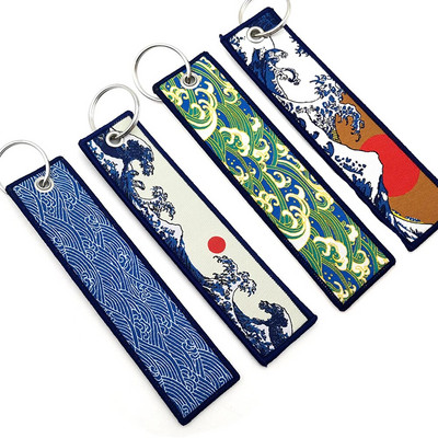 JDM Car Fabric Keychain Ключодържател Hokkaido waves Key Tag Kanagawa Surfing Embroidered Key Chain Man Automotive Accessories