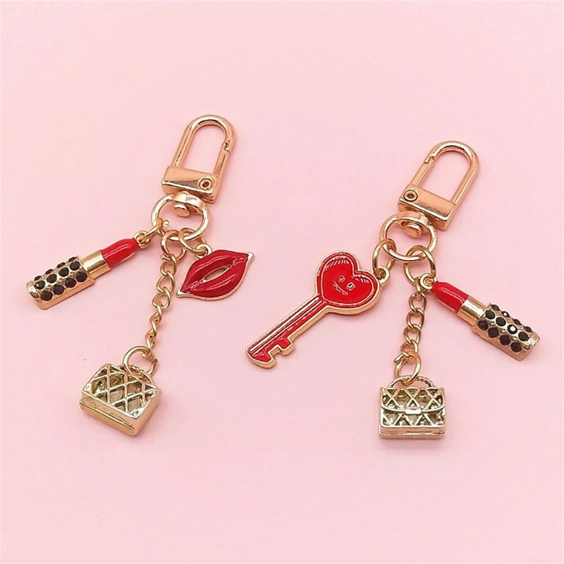 Új ajakrúzsos ajakkulcstartó fekete strasszokkal kulcskarika Finom fém medálbűvek női lánytáska autós kiegészítők