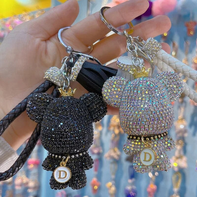 Нов Rhinestone Bear Keychain bow letter Bear Car Pendant Key Chain Ring Holder Bag Llaveros Mujer Аксесоари за бижута Подарък